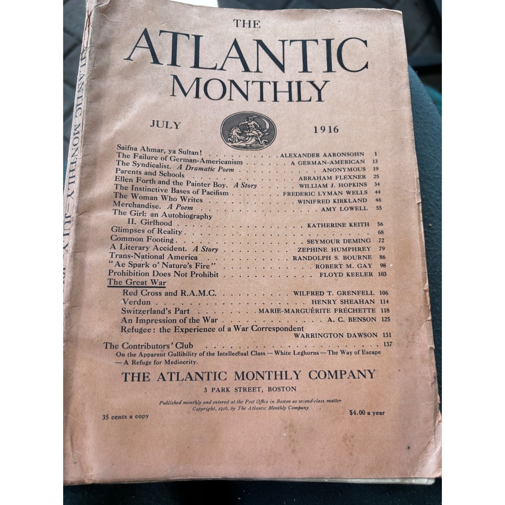 Antique Atlantic Monthly Magazine July 1916 V. 118 Amy Lowell WWI Lesbian Poetry